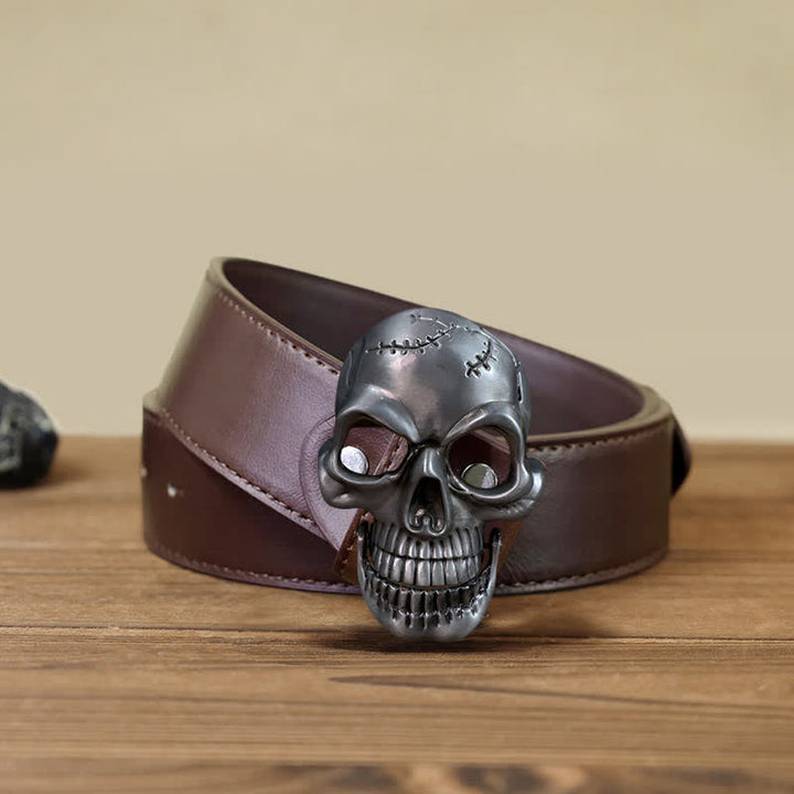 Ceinture en cuir à boucle mobile pour homme avec tête de mort et mâchoire