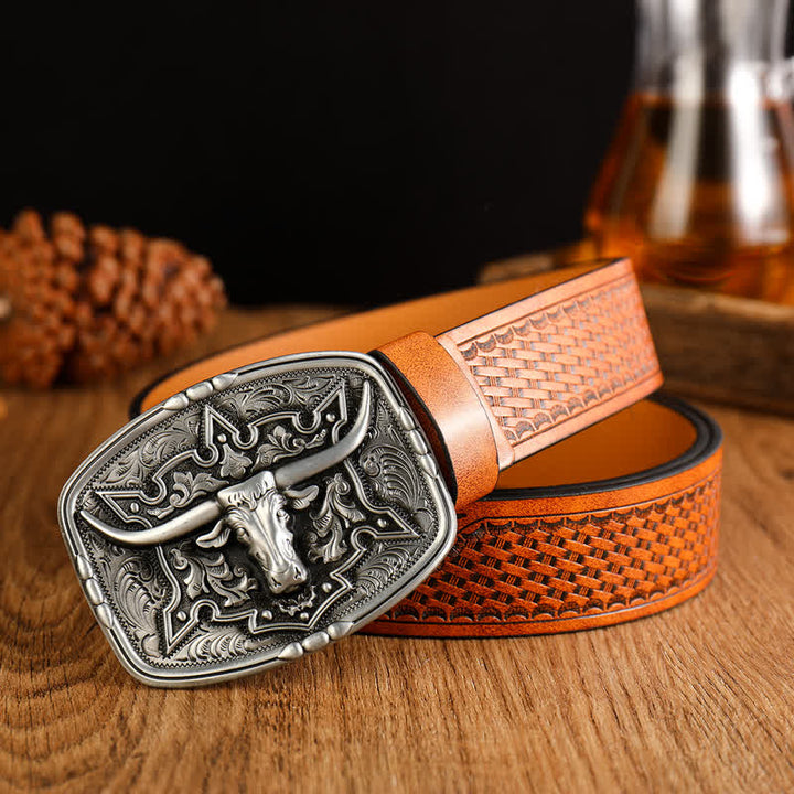 Ceinture en cuir imprimé tête de vache de style western pour homme