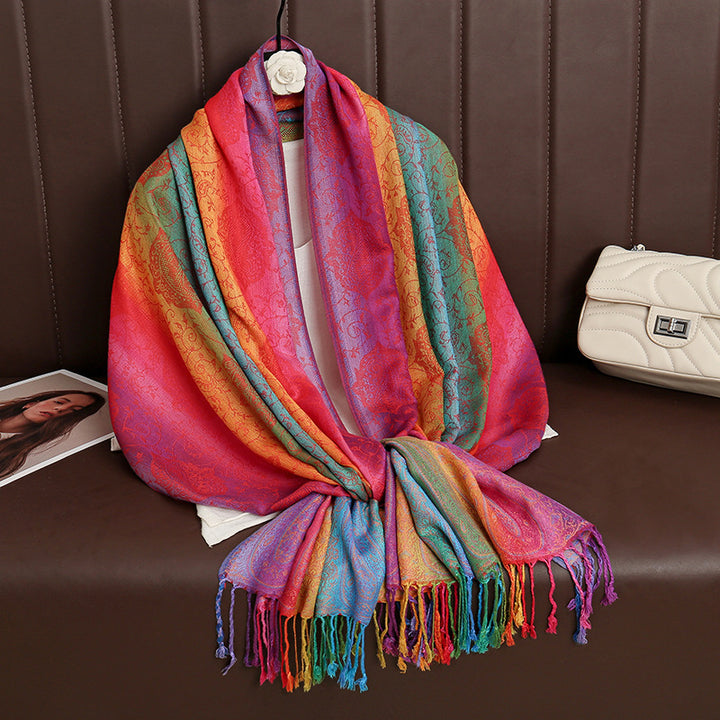 Écharpe à pompons brodée de style ethnique avec dégradé de couleurs - Style n°1 - image 0