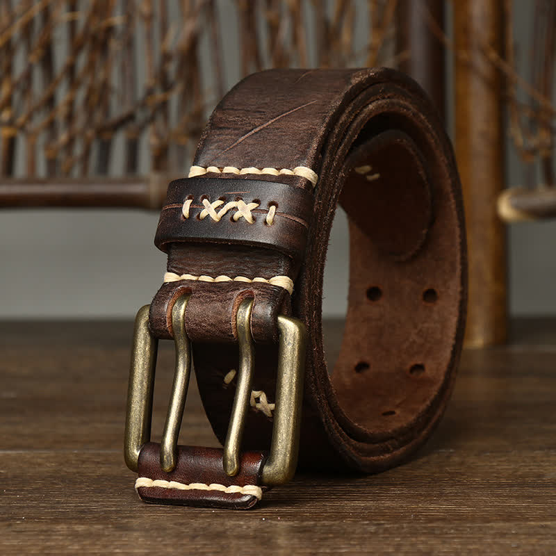 Ceinture en cuir à double boucle pour homme, effet vieilli