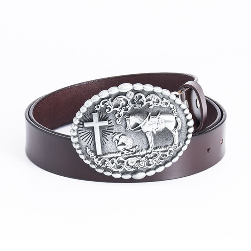 Ceinture en cuir pour homme avec croix de prière à genoux