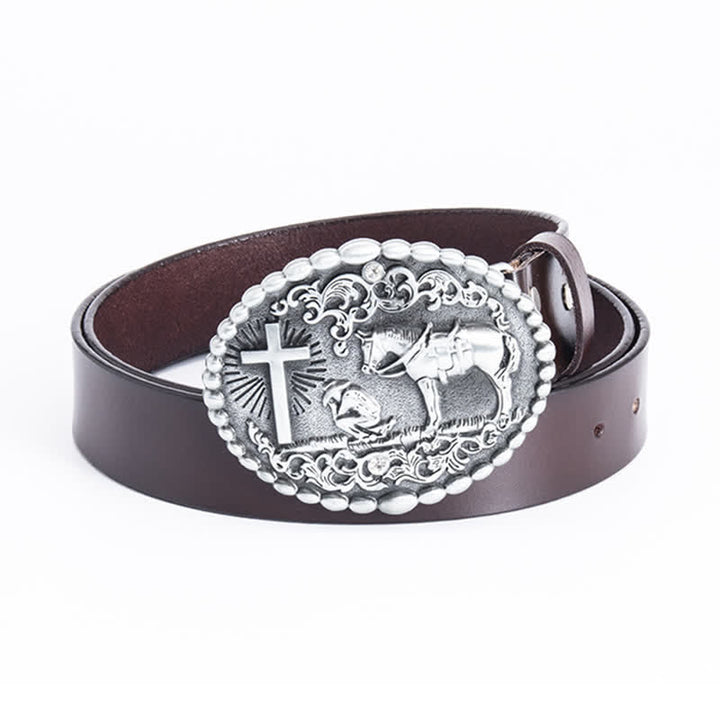 Ceinture en cuir pour homme avec croix de prière à genoux