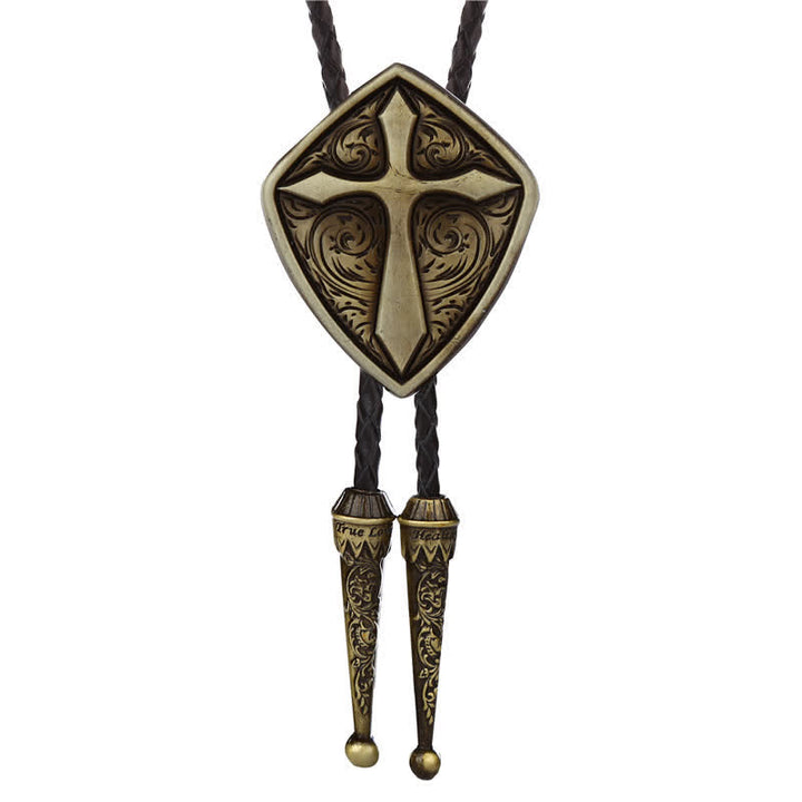 Cravate Bolo en forme de croix et de bouclier romain gravée à l'ancienne