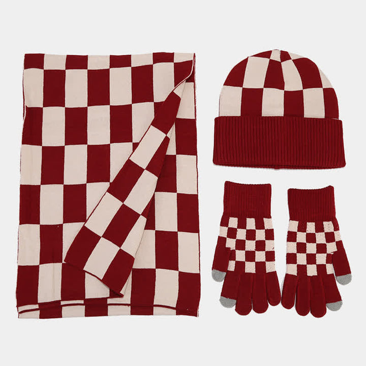 Ensemble de 3 pièces unisexe à carreaux en damier avec bonnet, écharpe et gants