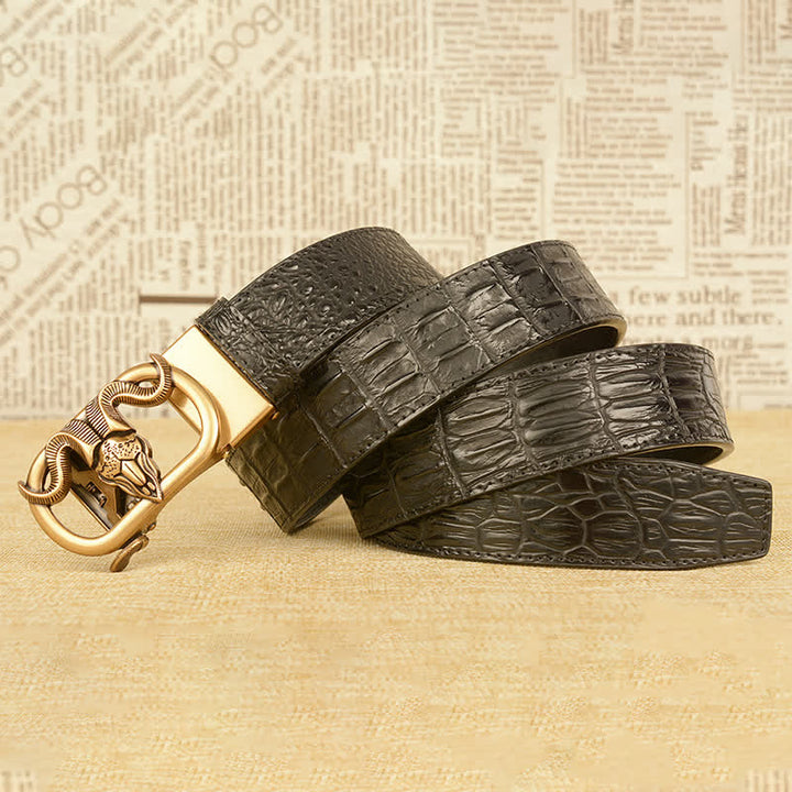 Ceinture en cuir à boucle automatique pour homme avec imprimé crocodile et tête de chèvre