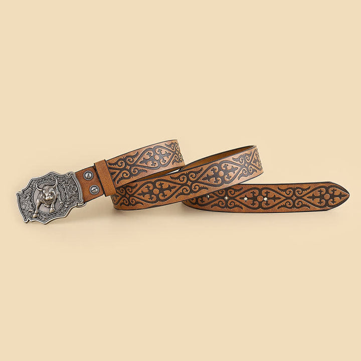 Ceinture en cuir à motif floral gravé pour homme, taureau yak matador