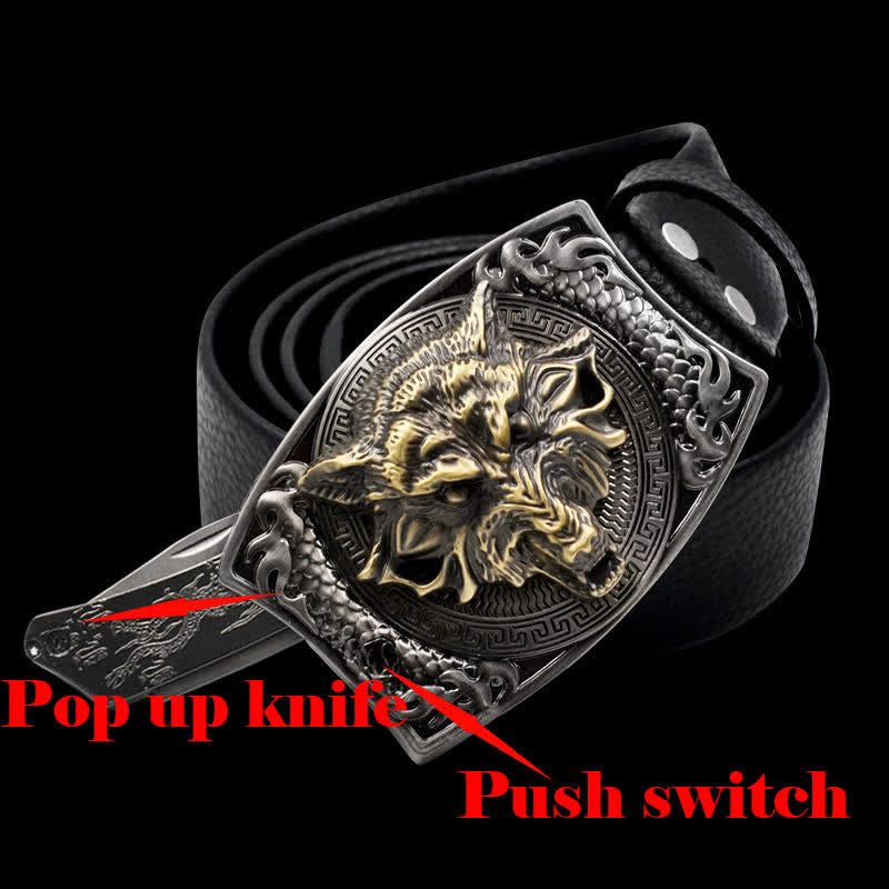 Ceinture en cuir pour homme avec tête de loup dorée et couteau pliant