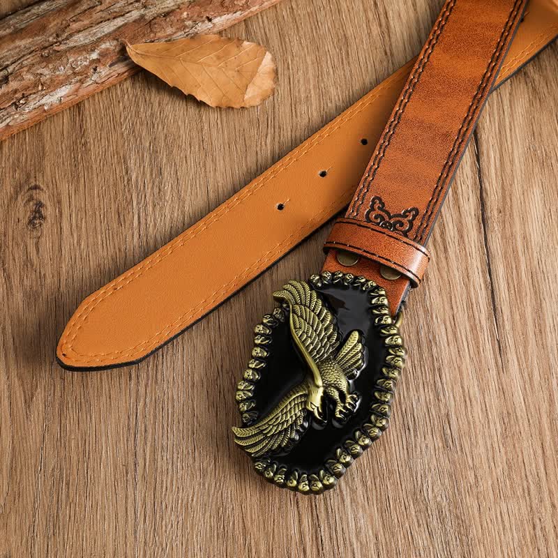 Ceinture en cuir pour homme avec motif d'aigle en or antique et faucon planant