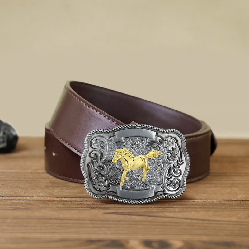 Ceinture en cuir à boucle animalière sculptée en or pour homme - Cheval - Ceinture en PU marron (40) - image 5