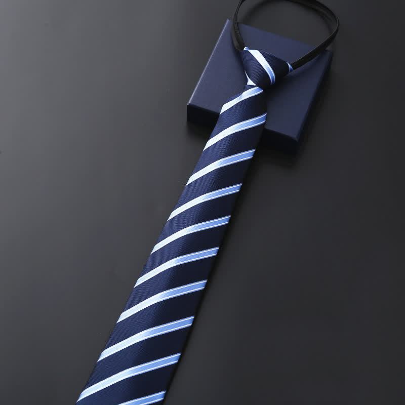 Cravate de mariage officielle à fermeture éclair pour homme - Rayé bleu marine et bleu ciel - image 5