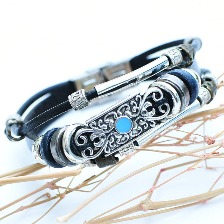 Bracelet vintage western pour homme en cuir et pierre bleue avec filigrane - Noir - image 7