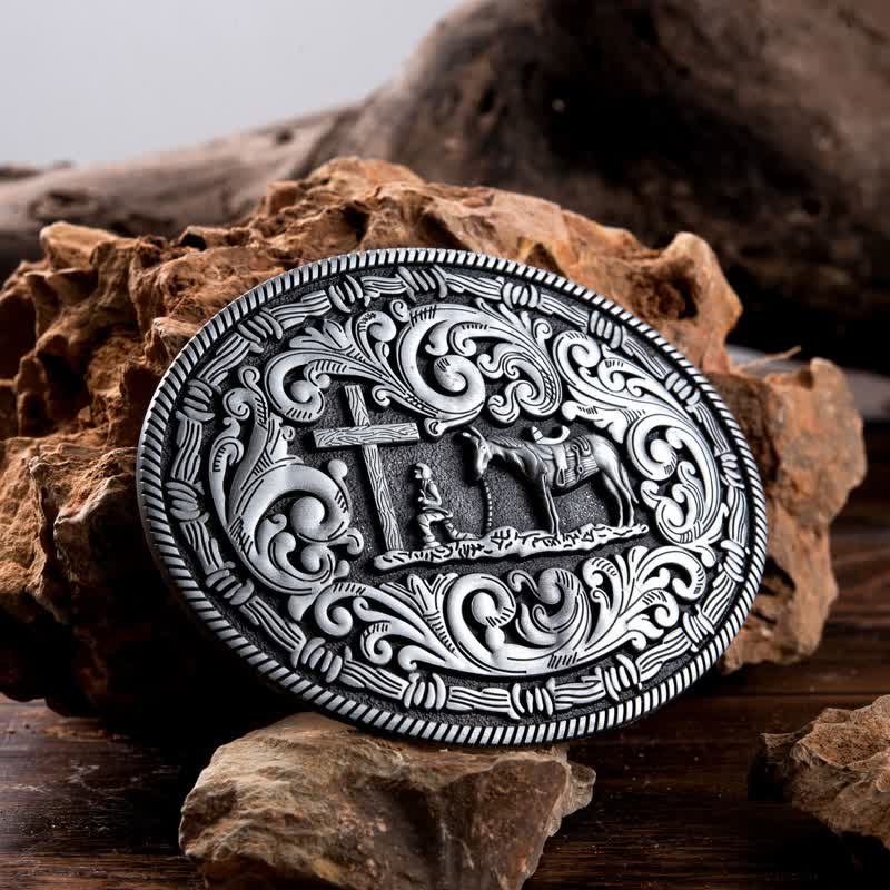 Ceinture en cuir à boucle ovale pour homme avec motif cowboy priant