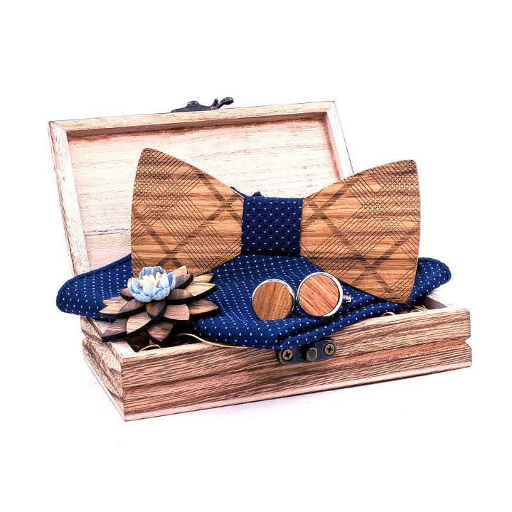 Lot de 4 nœuds papillon en bois à carreaux classiques pour hommes