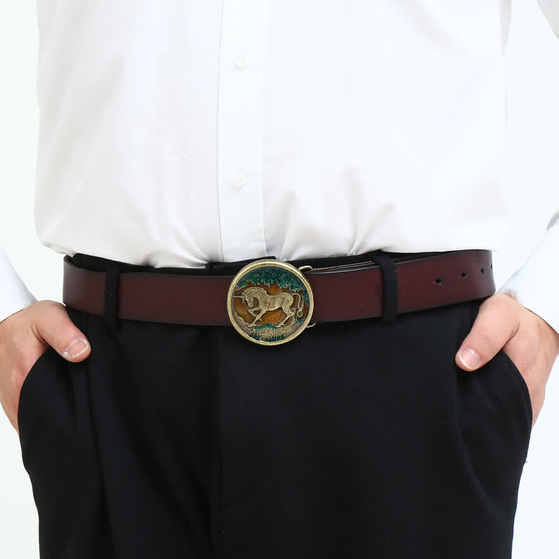 Ceinture en cuir à boucle en bronze antique pour homme avec licorne mystique