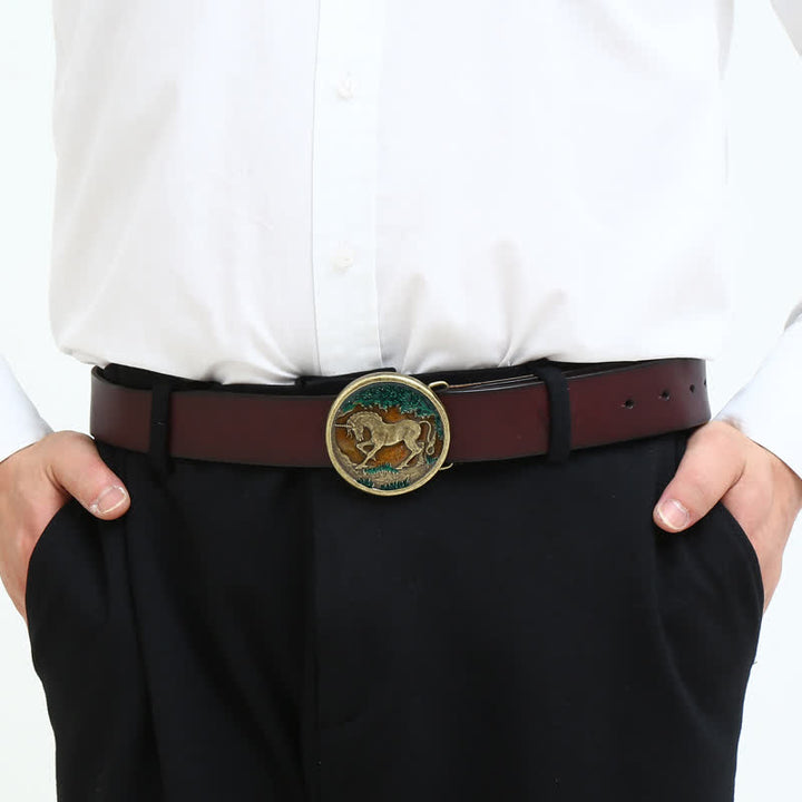 Ceinture en cuir à boucle en bronze antique pour homme avec licorne mystique