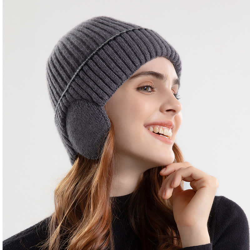 Bonnet unisexe en tricot épais et élastique avec cache-oreilles de couleur unie