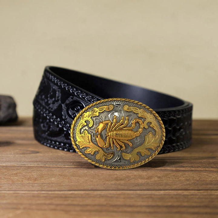 Ceinture en cuir à boucle scorpion doré pour homme