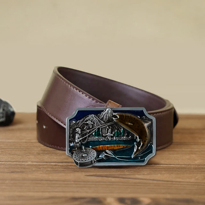 Ceinture en cuir à boucle rectangulaire en émail pour homme avec motif de pêche