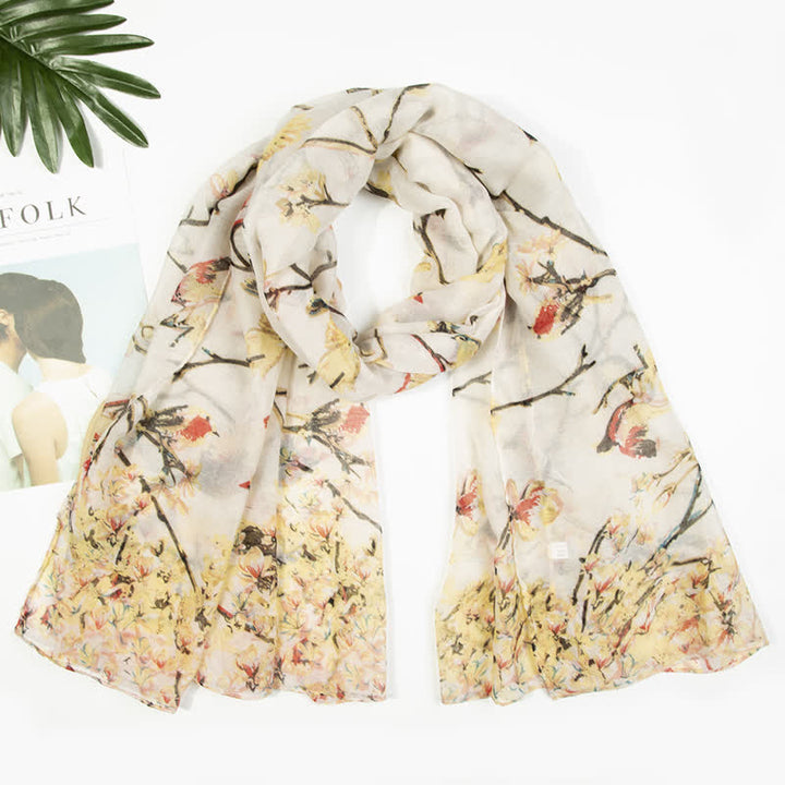 Écharpe légère à imprimé floral et oiseaux pour femme