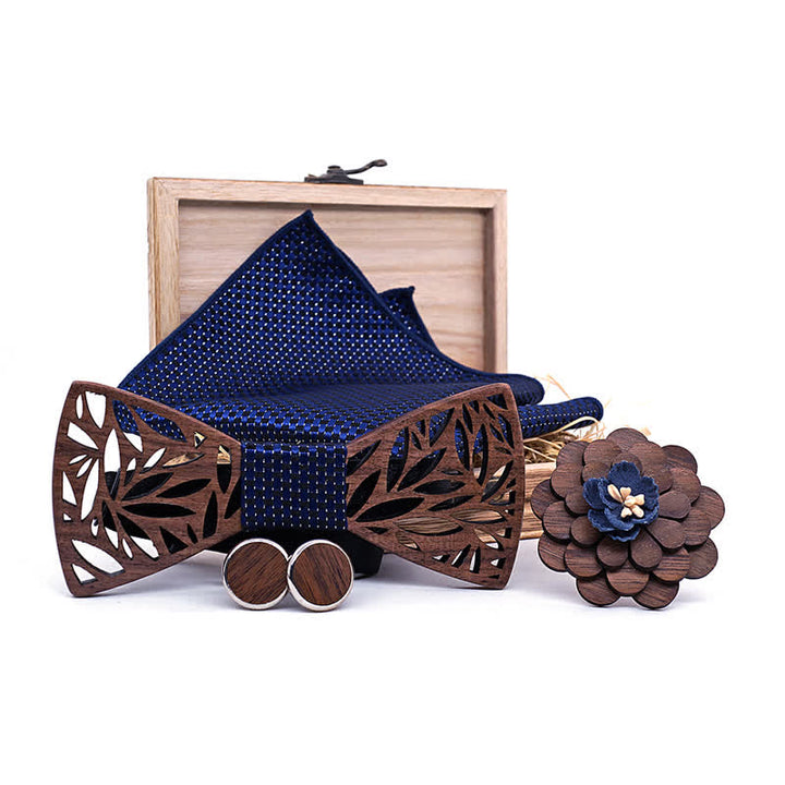 Lot de 4 nœuds papillon en bois à motif de feuilles creuses pour homme