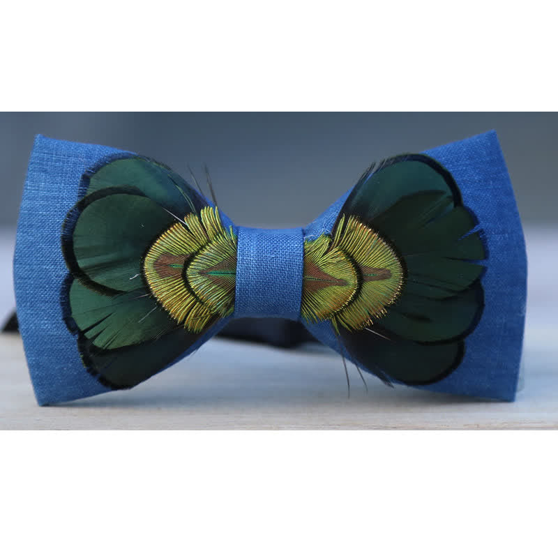Nœud papillon en plumes de paon en lin vert foncé et bleu