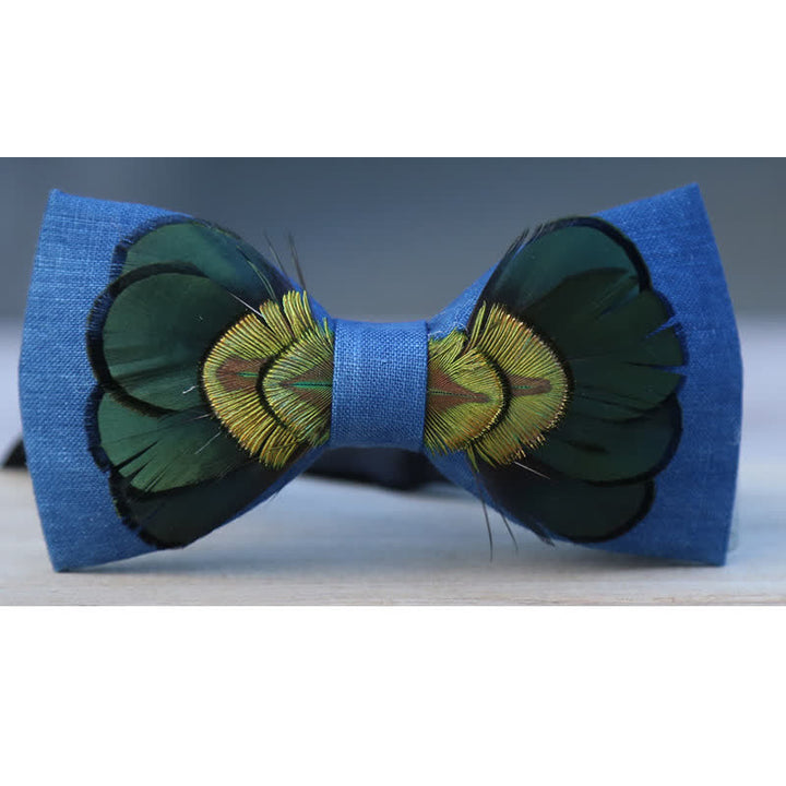 Nœud papillon en plumes de paon en lin vert foncé et bleu