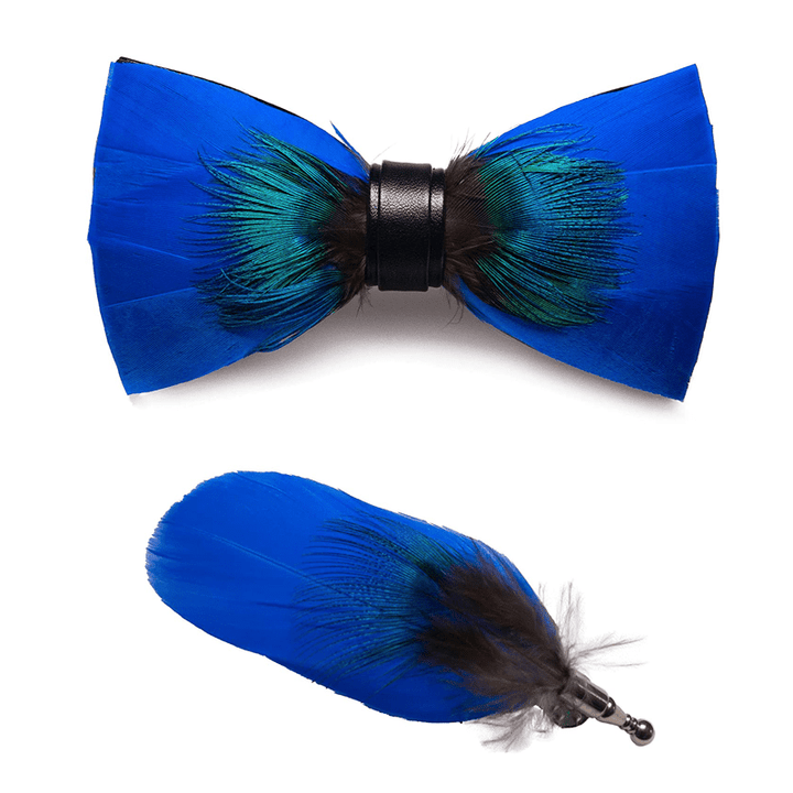 Nœud papillon Oxford bleu à plumes de paon pour enfant avec épingle à revers