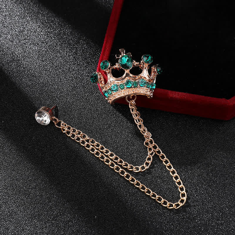 Broche en chaîne et strass pour homme avec couronne rétro - Or et vert - image 13