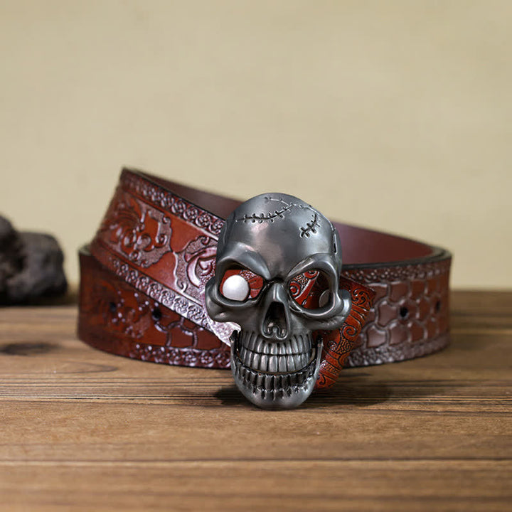 Ceinture en cuir à boucle mobile pour homme avec tête de mort et mâchoire