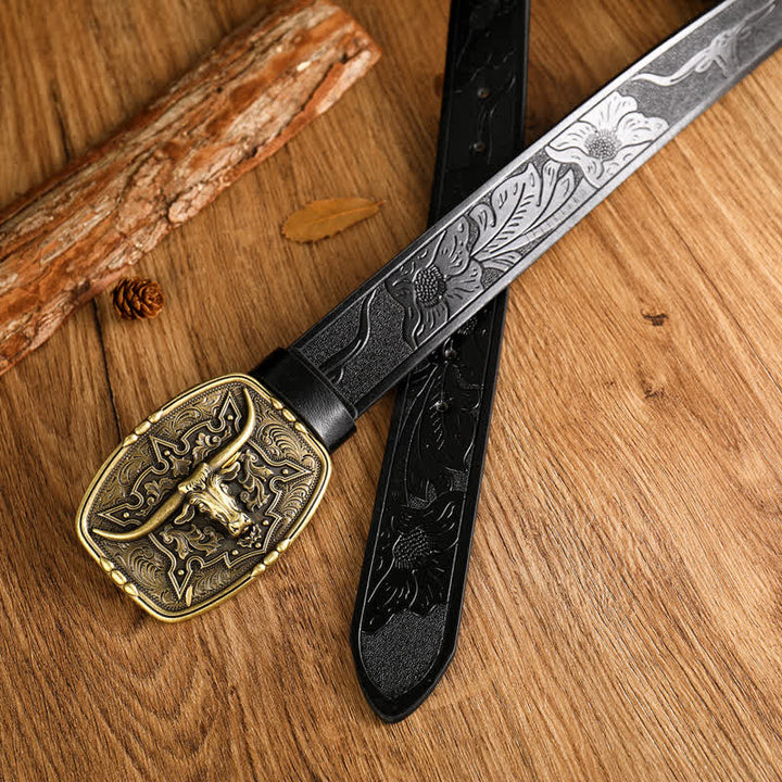 Ceinture en cuir imprimé tête de vache de style western pour homme