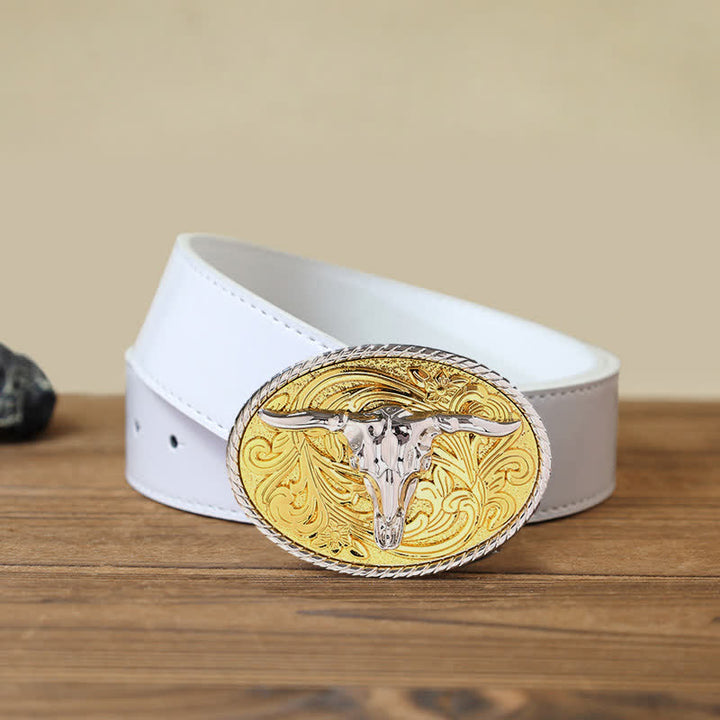 Ceinture en cuir à boucle tête de taureau dorée brillante pour homme