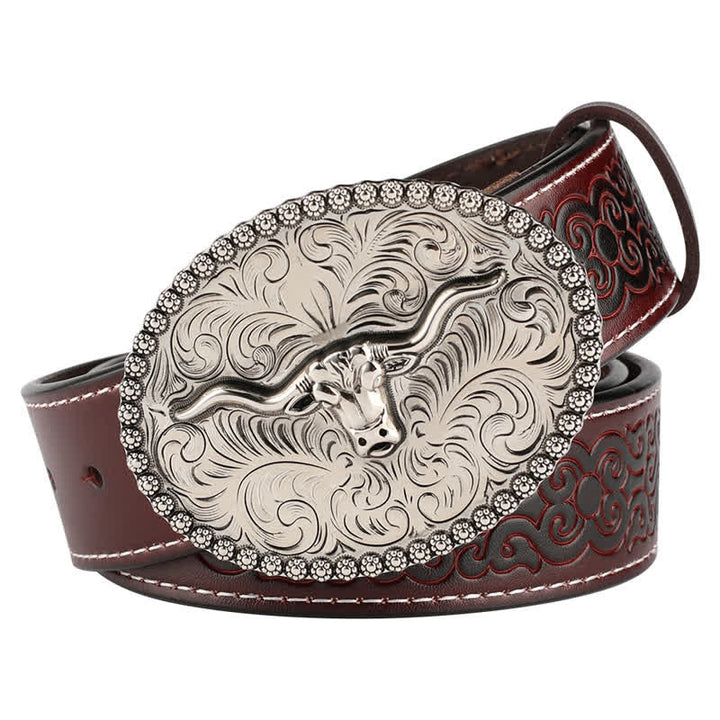 Ceinture en cuir pour homme avec plumes gravées et motif taureau