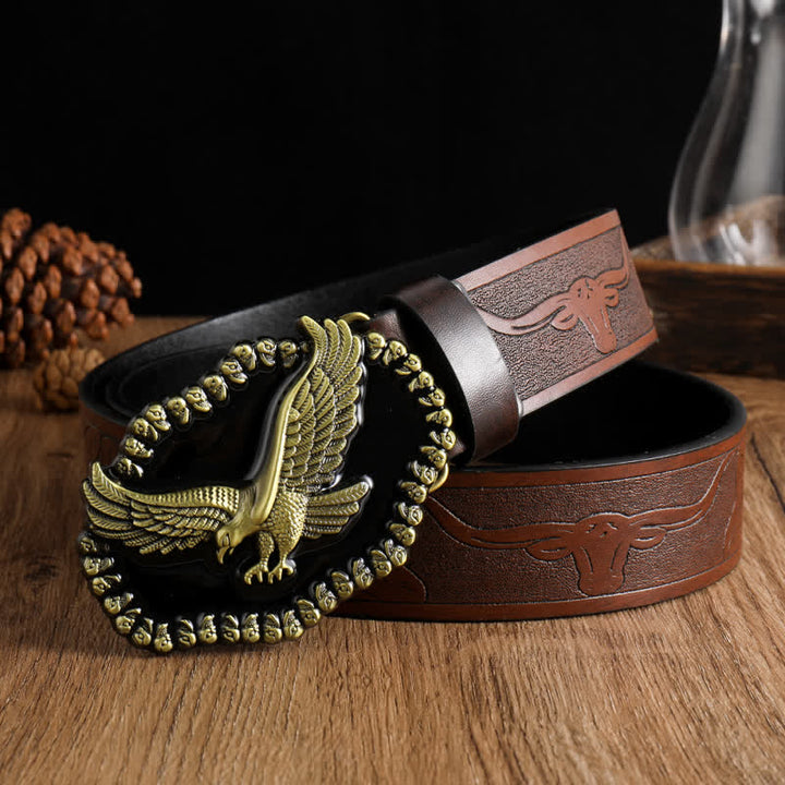 Ceinture en cuir pour homme avec motif d'aigle en or antique et faucon planant