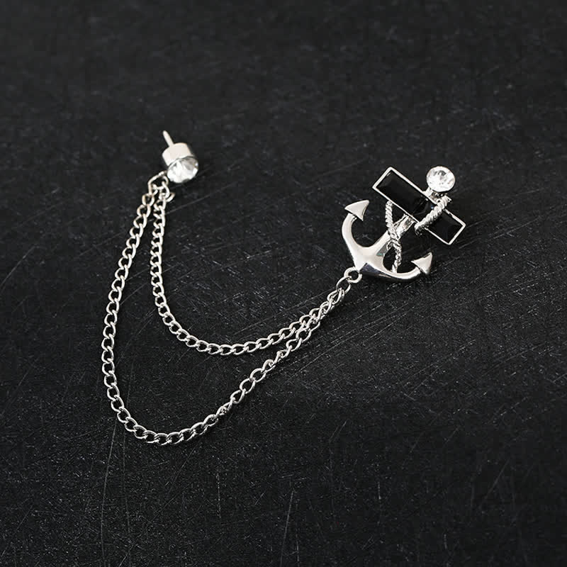 Broche pour homme avec chaîne d'ancre et pierres précieuses noires