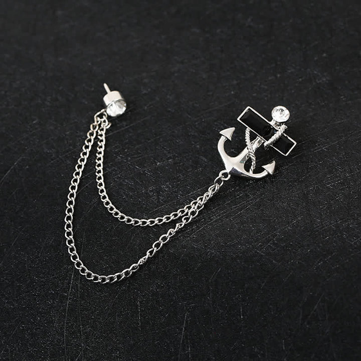 Broche pour homme avec chaîne d'ancre et pierres précieuses noires