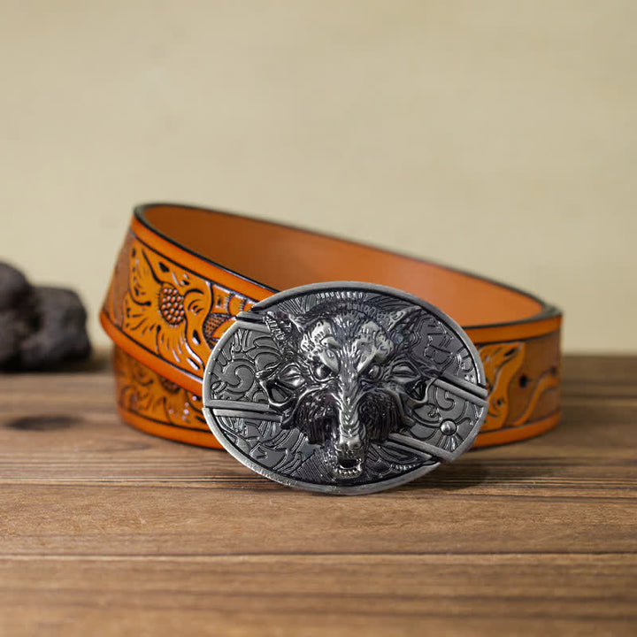 Ceinture en cuir pour homme avec couteau pliant caché en forme de tête de loup