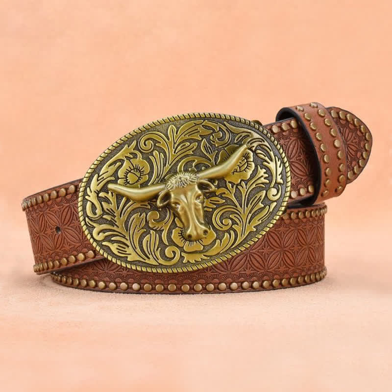 Ceinture en cuir gaufré à rivets tête de taureau pour homme