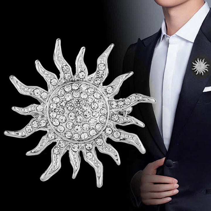 Broche en strass pour homme avec motif soleil éclatant