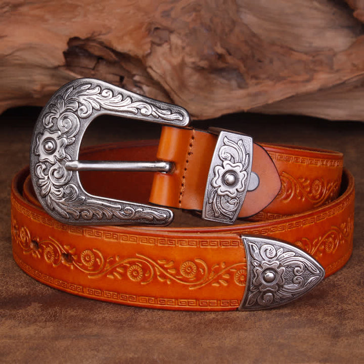 Ceinture unisexe en cuir à imprimé floral et texture rustique