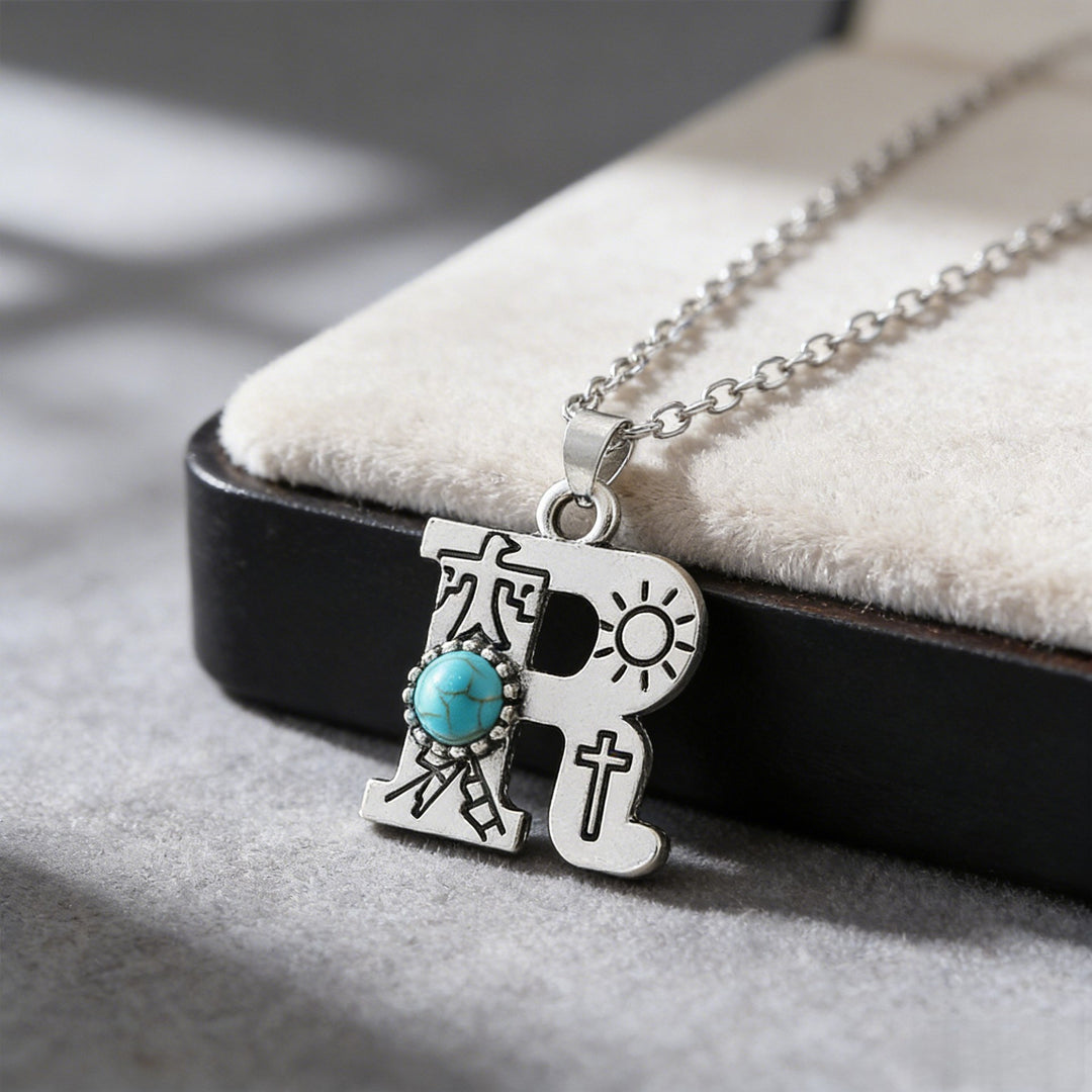 Collier vintage avec pendentif turquoise et initiale - R - image 19