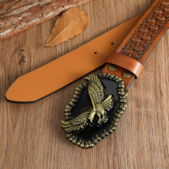 Ceinture en cuir pour homme avec motif d'aigle en or antique et faucon planant