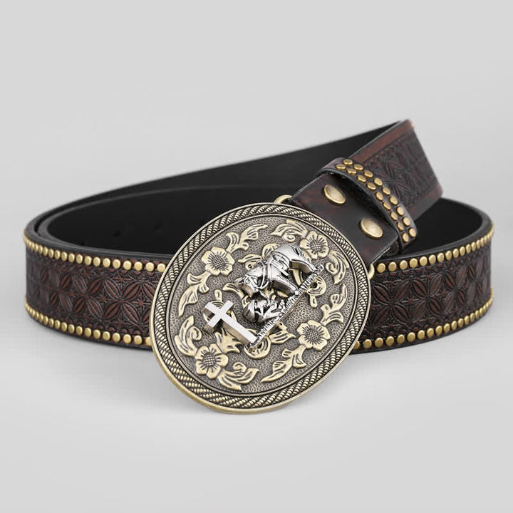 Ceinture en cuir à boucle ovale pour homme avec motif de cheval croisé