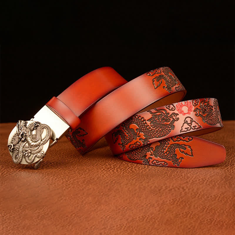 Ceinture en cuir à boucle automatique ronde pour homme avec motif dragon de flamme