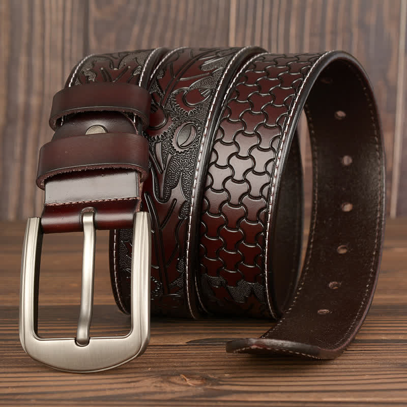 Ceinture en cuir à motif floral en relief pour homme
