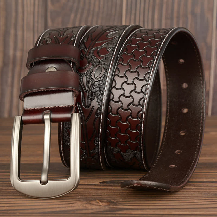 Ceinture en cuir à motif floral en relief pour homme