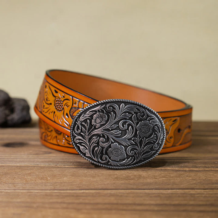 Ceinture en cuir à boucle ovale classique à motif floral pour homme