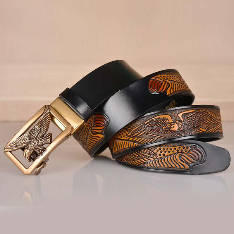 Ceinture en cuir gaufré à boucle aigle creuse pour homme