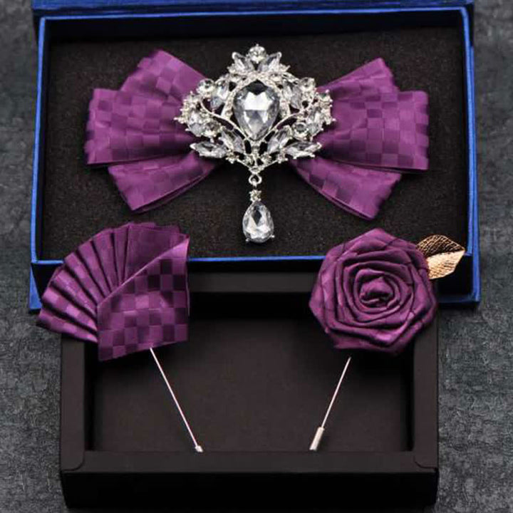 Ensemble de 3 broches et nœuds papillon à carreaux en strass