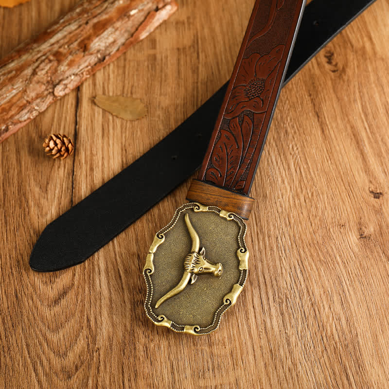 Ceinture en cuir de taureau à longues cornes antiques pour homme
