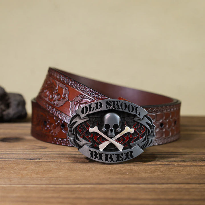 Ceinture en cuir à boucle croisée pour homme avec tête de mort et os